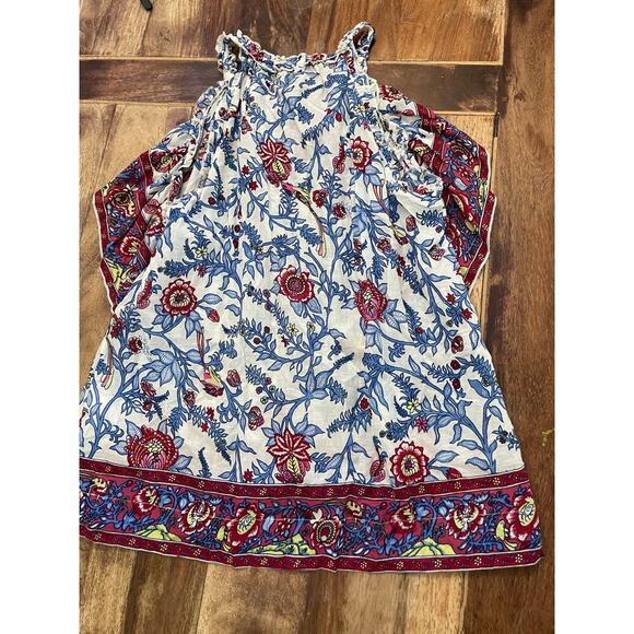Point Sur Women's Red Blue Floral Print Ruffle Block Print Blouse Top Size 12 - Picture 10 of 15